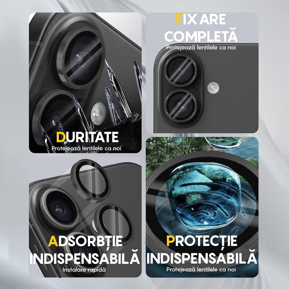 Folie Protectie Lentile Camera compatibila cu iPhone 16 / iPhone 16 Plus, CASEY STUDIOS™ MaxDefense+, Ultra HD, Protectie Profesionala Camere 3D, Anti Amprente, Anti Zgarieturi, Anti Socuri, Argintiu