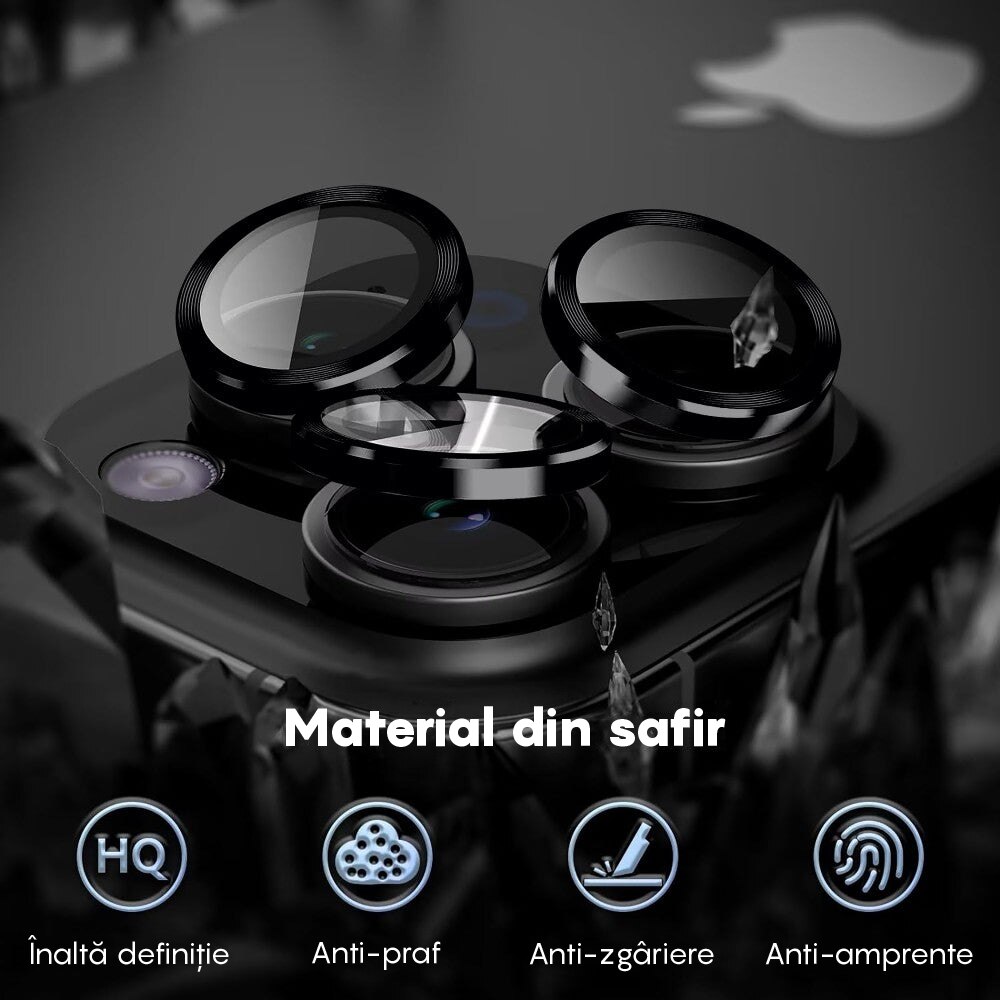 Folie Protectie Lentile Camera compatibila cu iPhone 16 Pro / iPhone 16 Pro Max, CASEY STUDIOS™ MaxDefense+, Ultra HD, Protectie Profesionala Camere 3D, Anti Amprente, Anti Zgarieturi, Anti Socuri, Negru