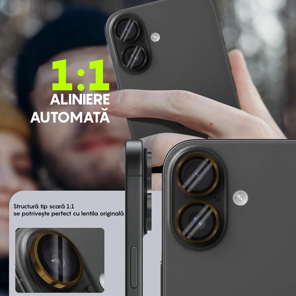 Folie Protectie Lentile Camera compatibila cu iPhone 16 / iPhone 16 Plus, CASEY STUDIOS™ MaxDefense+, Ultra HD, Protectie Profesionala Camere 3D, Anti Amprente, Anti Zgarieturi, Anti Socuri, Galben