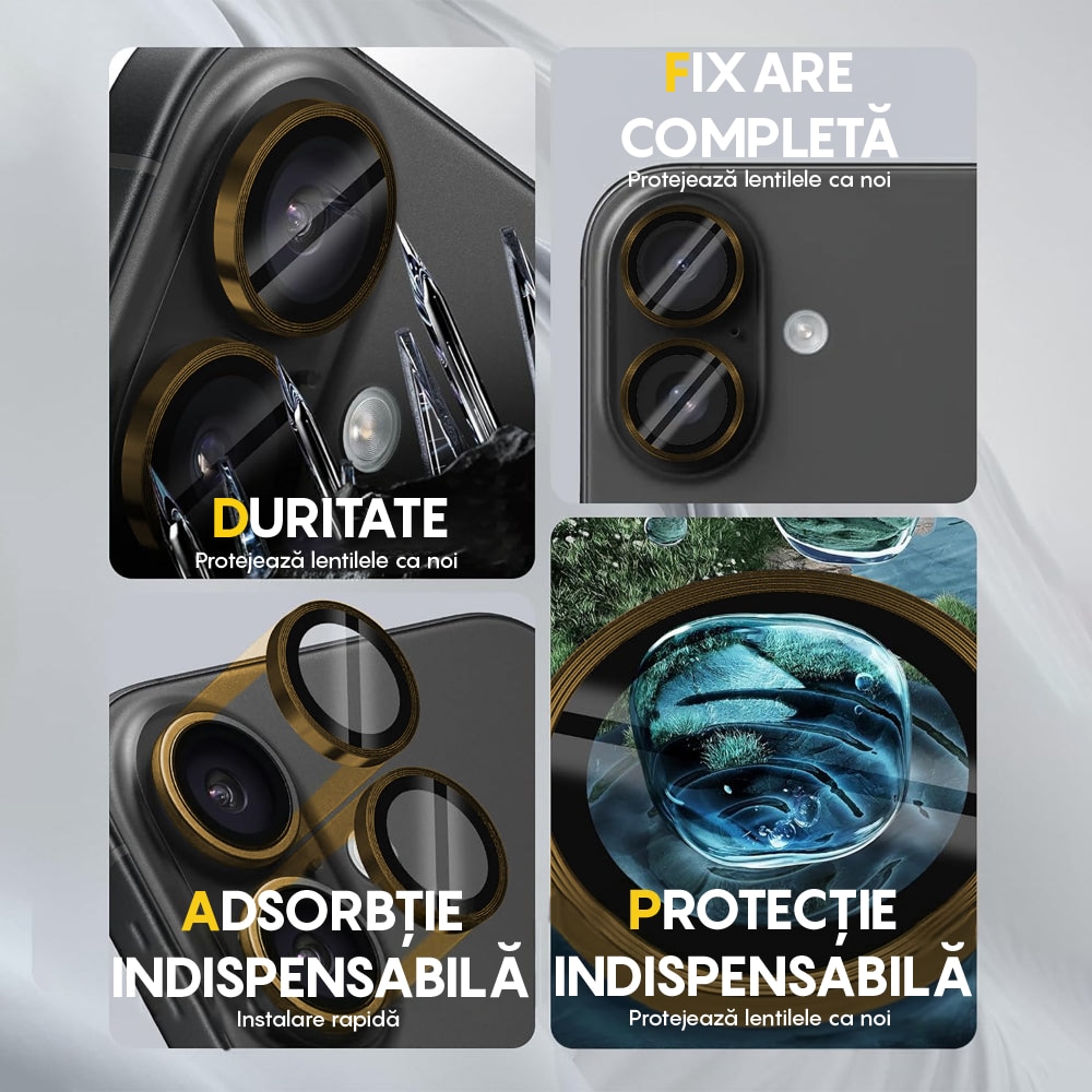 Folie Protectie Lentile Camera compatibila cu iPhone 16 / iPhone 16 Plus, CASEY STUDIOS™ MaxDefense+, Ultra HD, Protectie Profesionala Camere 3D, Anti Amprente, Anti Zgarieturi, Anti Socuri, Galben