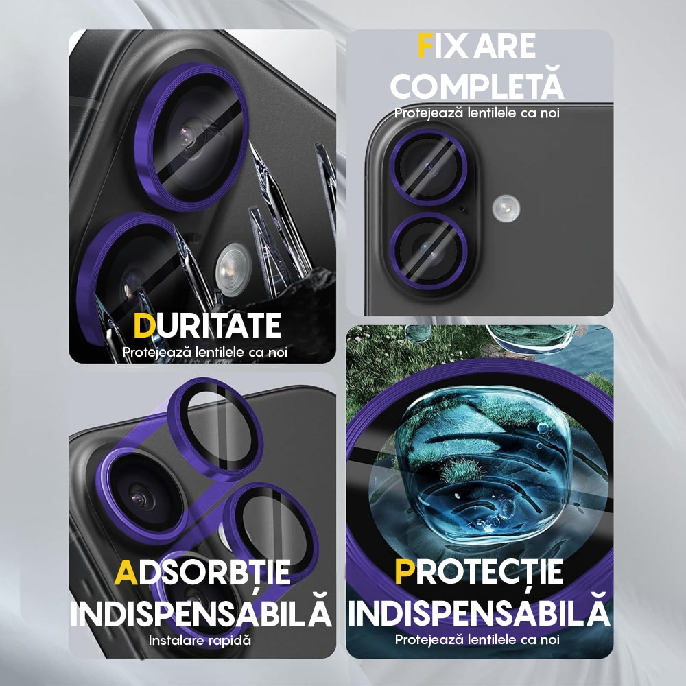 Folie Protectie Lentile Camera compatibila cu iPhone 16 / iPhone 16 Plus, CASEY STUDIOS™ MaxDefense+, Ultra HD, Protectie Profesionala Camere 3D, Anti Amprente, Anti Zgarieturi, Anti Socuri, Mov Inchis