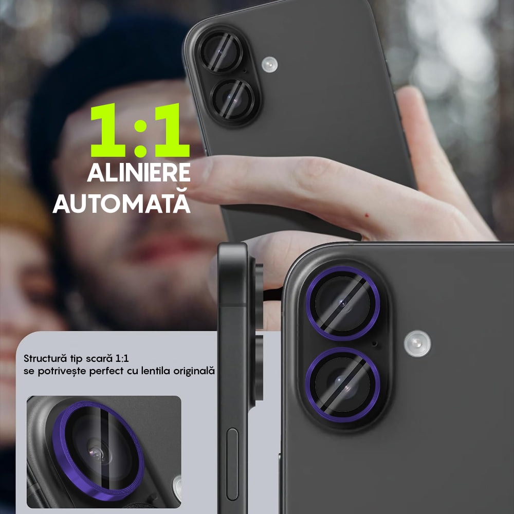 Folie Protectie Lentile Camera compatibila cu iPhone 16 / iPhone 16 Plus, CASEY STUDIOS™ MaxDefense+, Ultra HD, Protectie Profesionala Camere 3D, Anti Amprente, Anti Zgarieturi, Anti Socuri, Mov Inchis