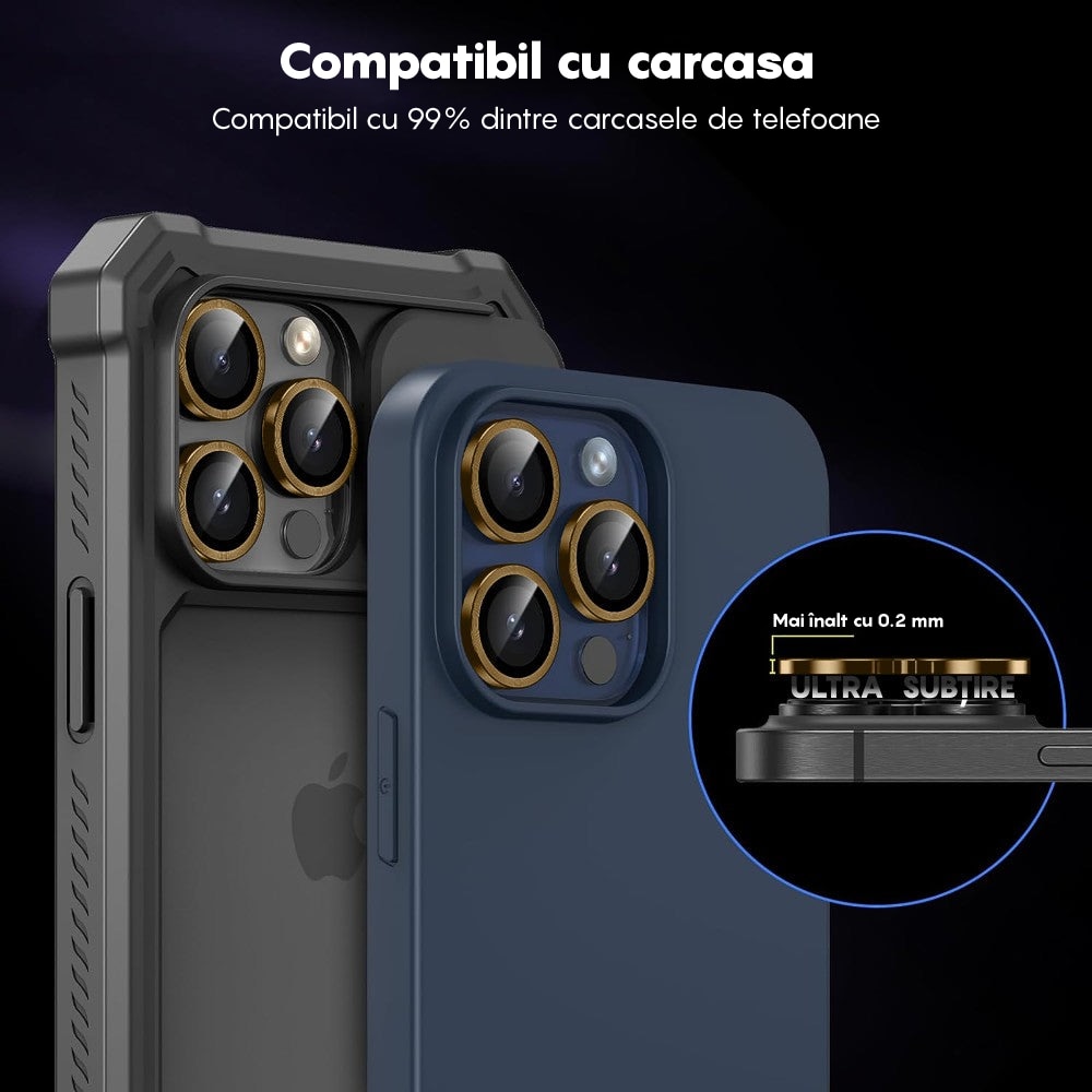 Folie Protectie Lentile Camera compatibila cu iPhone 16 Pro / iPhone 16 Pro Max, CASEY STUDIOS™ MaxDefense+, Ultra HD, Protectie Profesionala Camere 3D, Anti Amprente, Anti Zgarieturi, Anti Socuri, Galben
