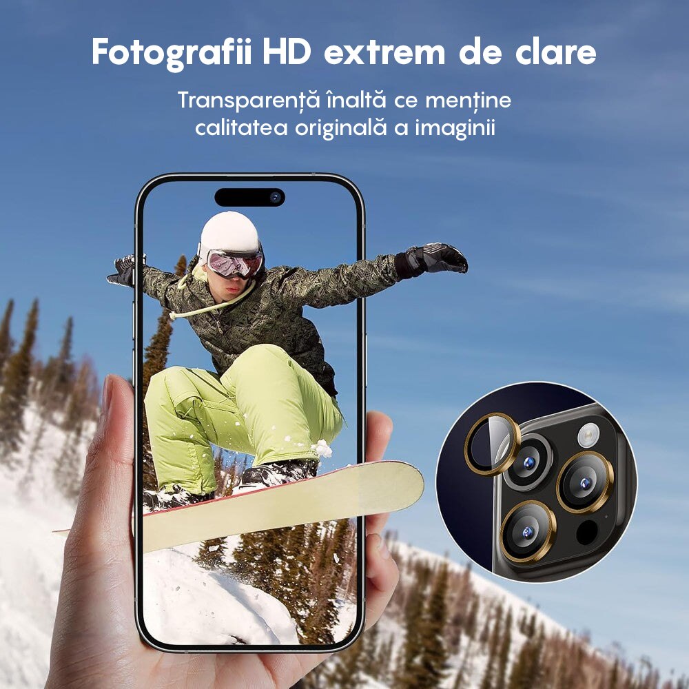 Folie Protectie Lentile Camera compatibila cu iPhone 16 Pro / iPhone 16 Pro Max, CASEY STUDIOS™ MaxDefense+, Ultra HD, Protectie Profesionala Camere 3D, Anti Amprente, Anti Zgarieturi, Anti Socuri, Galben