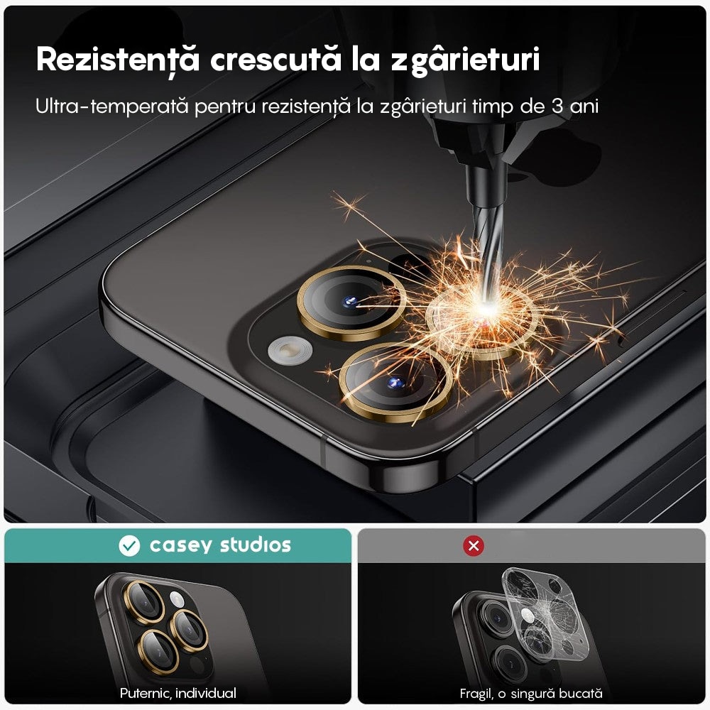 Folie Protectie Lentile Camera compatibila cu iPhone 16 Pro / iPhone 16 Pro Max, CASEY STUDIOS™ MaxDefense+, Ultra HD, Protectie Profesionala Camere 3D, Anti Amprente, Anti Zgarieturi, Anti Socuri, Galben