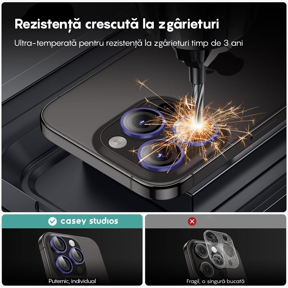 Folie Protectie Lentile Camera compatibila cu iPhone 16 Pro / iPhone 16 Pro Max, CASEY STUDIOS™ MaxDefense+, Ultra HD, Protectie Profesionala Camere 3D, Anti Amprente, Anti Zgarieturi, Anti Socuri, Mov Inchis