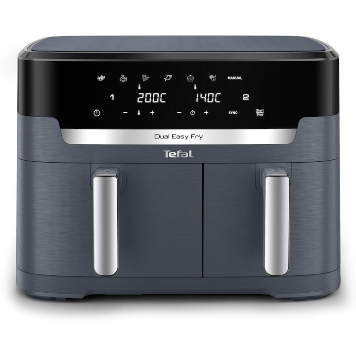 Friteuza cu aer cald Tefal Dual Easy Fry EY942BE0, 2700 W, 11 litri, un cos 6.5 L, un cos 4.5 L, 7 programe, ecran touch, Gri