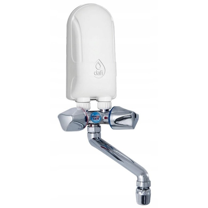 Електрически проточен бойлер Dafi 4,5 kW със смесителна батерия хром, 9x19x8см, бял