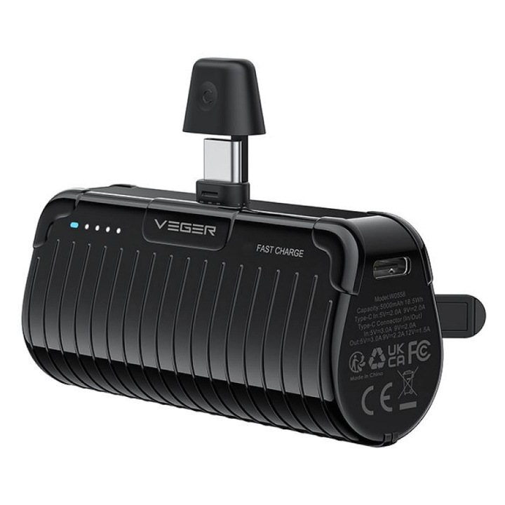 Veger W0558 külső akkumulátor 5000 mAh, 20 W PD, USB-C, ultrakompakt, fekete