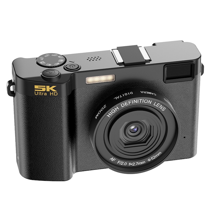 Digitális kamera, 64 megapixeles, CMOS, WIFI, 5K HD videó, 18x digitális zoom, 3 hüvelykes IPS képernyő, elektronikus képstabilizátor, autofókusz, nagylátószögű makró, 1700 mAh, beépített derítőfény, fekete