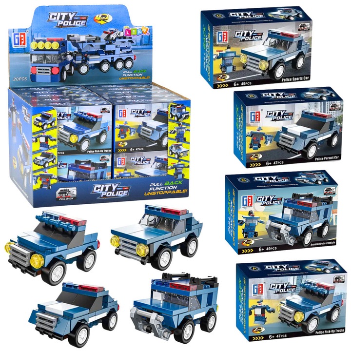 Set de constructie LEAN TOYS, vehicul de politie, 47-49 piese, mecanism pull-back, 13x8,5x4cm