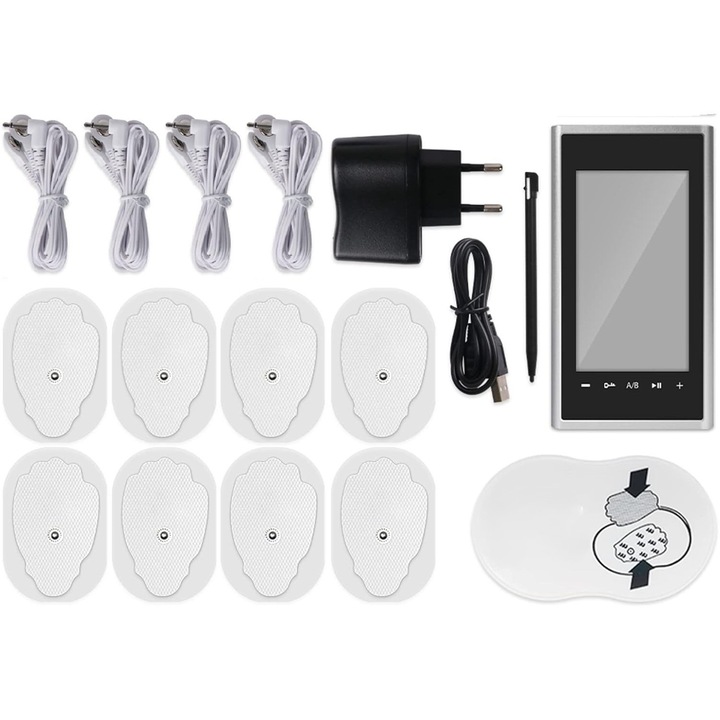 Elektromos stimulációs masszírozó, Zola, TENS és EMS technológiák, 24 üzemmód, állítható intenzitás, 10-60 perces időzítő, 8 elektróda, érintőképernyő, töltőkábel, ezüst