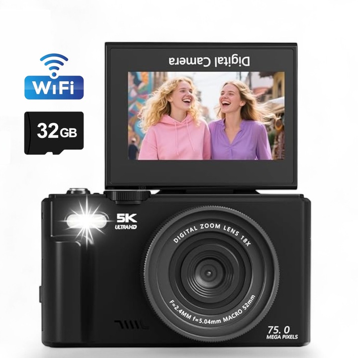 Aparat Foto Digital 5K Ultra HD LONDEMM, 75 MP, WiFi, Display 3.0 Inch Rabatabil (Flip Screen 180°), Zoom Digital 18x, Card 32GB Inclus, Compact si Usor, Negru