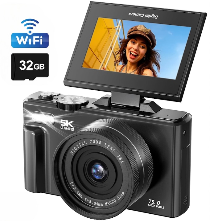 Aparat Foto Digital 5K Ultra HD LONDEMM, 75 MP, WiFi, Display 3.0 Inch Rabatabil (Flip Screen 180°), Zoom Digital 18x, Card 32GB Inclus, Compact si Usor, Negru