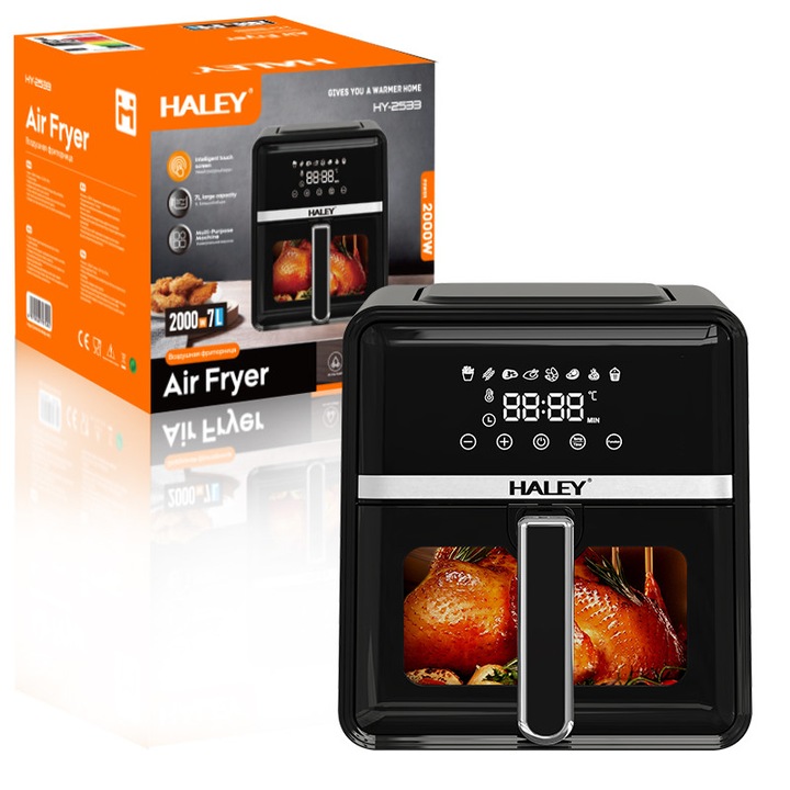 Friteuza cu aer cald, 7L, 2000W, 8 programe, touchscreen holografic, tava interioara, fara lipire, negru