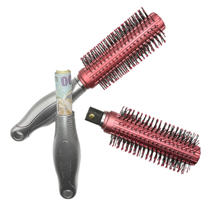 Ascunzatoare in perie functionala de par, rotunda, compartiment de depozitare in maner, Stash 22cm, Ideala obiecte mici lantisoare aur argint, pastile etc