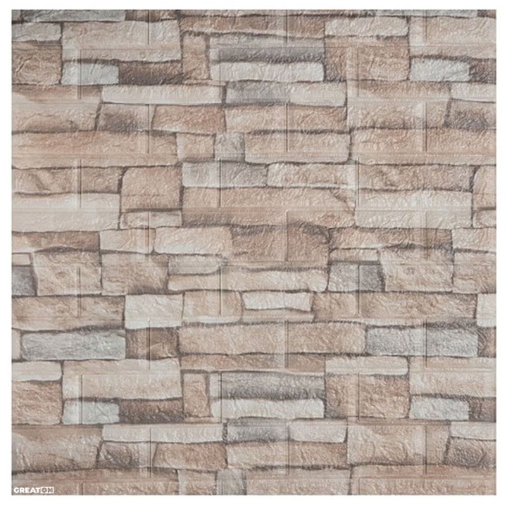 Tapet GREATON cu Design Imitatie Piatra In Relief, 77x70cm, Spuma Poliuretanica, Autoadeziv, Rezistent La Stropii De Apa, Maro Deschis