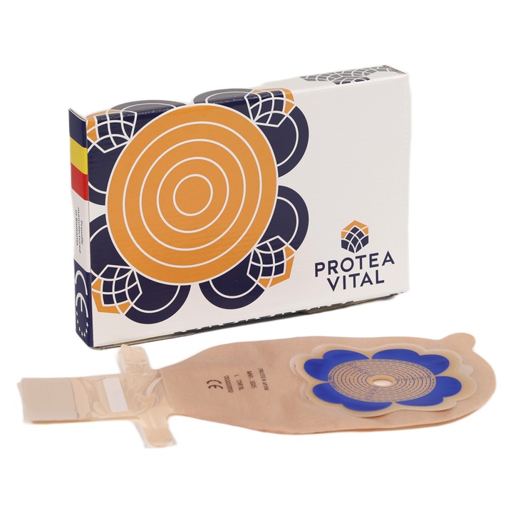 Set 30 pungi de colostomie/ileostomie Protea Vital 13-63 mm, cu filtru si evacuare, inchidere velcro, bej deschis, 30 bucati/ cutie