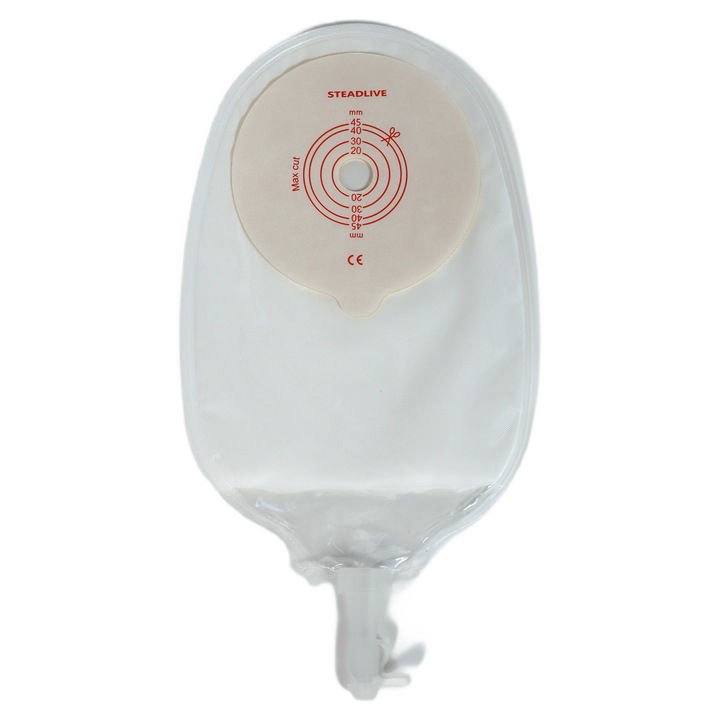 Set 15 pungi de urostomie Steadlive 15-45 mm, unitara, transparenta, cu evacuare, 15 bucati/cutie