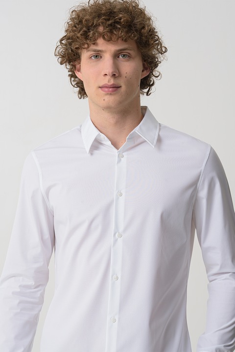 CALVIN KLEIN, Camasa din amestec de bumbac cu model uni si guler ascutit, Alb optic