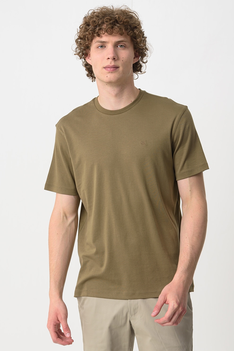 CALVIN KLEIN, Tricou regular fit cu decolteu la baza gatului, Kaki inchis, L