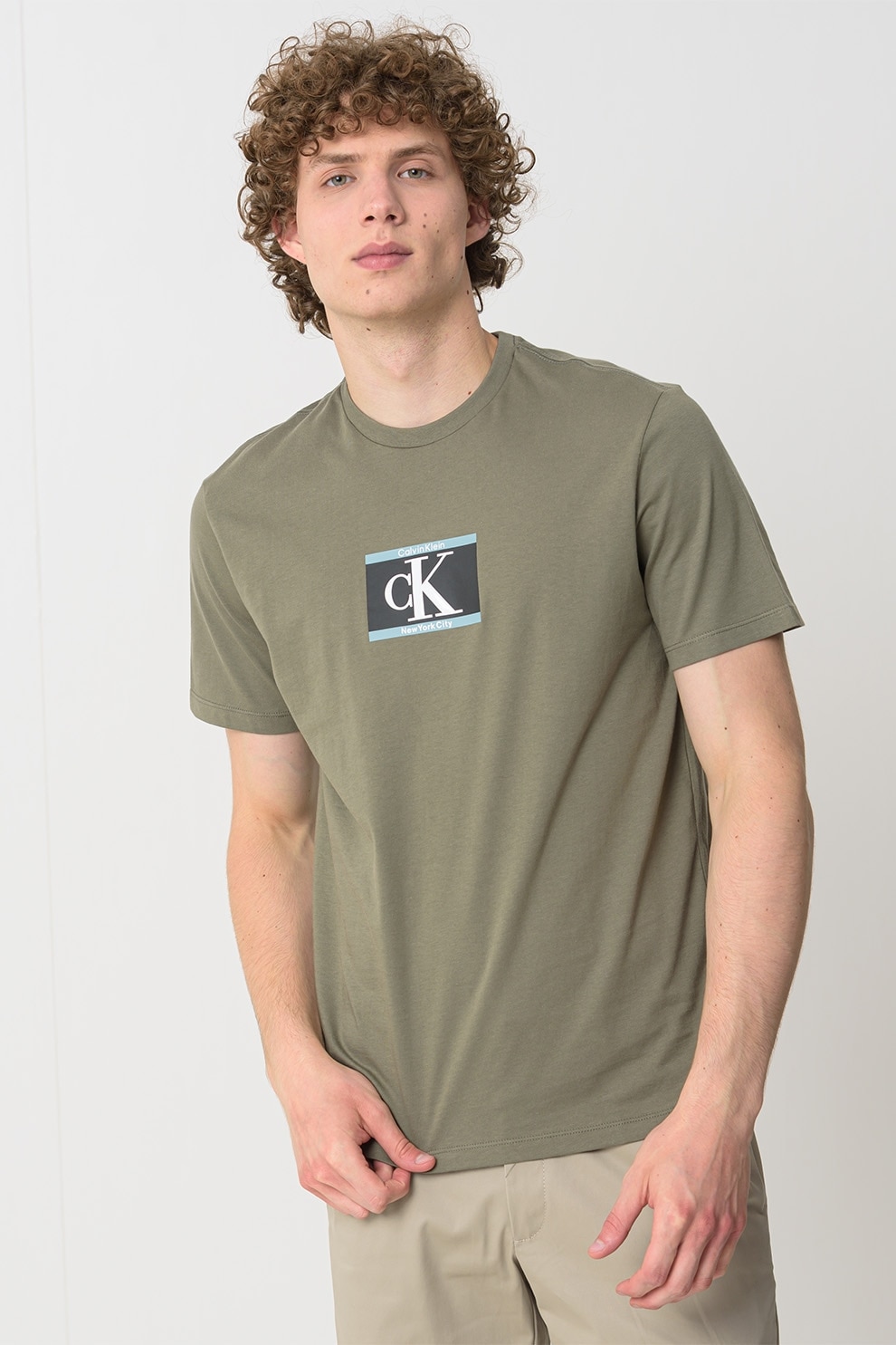 CALVIN KLEIN, Tricou cu imprimeu si decolteu la baza gatului, Verde feriga, S
