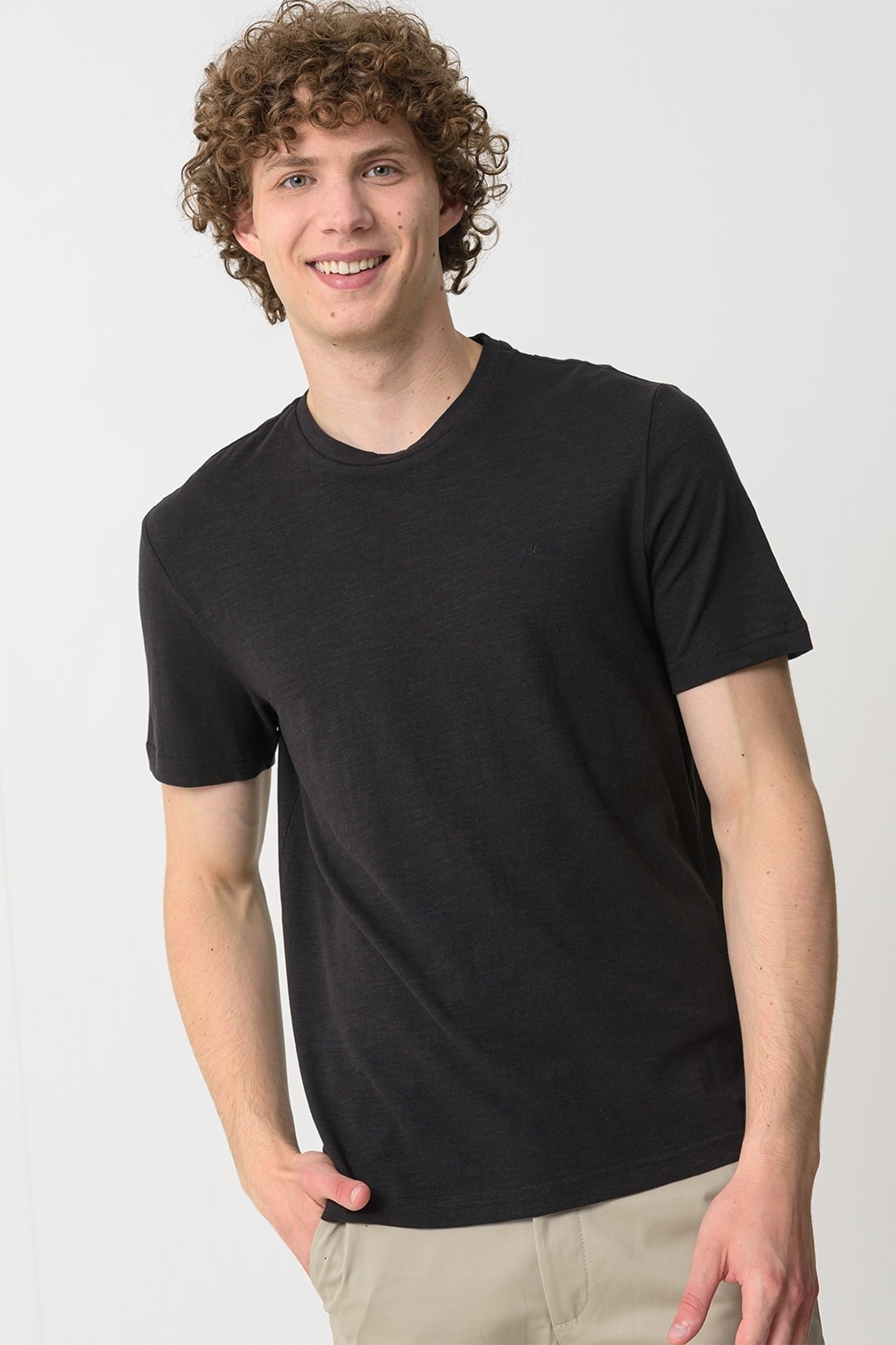 CALVIN KLEIN, Tricou din amestec de bumbac organic si in, Negru, S