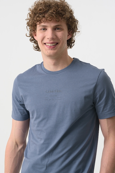 CALVIN KLEIN, Tricou cu decolteu la baza gatului si imprimeu logo, Albastru inchis