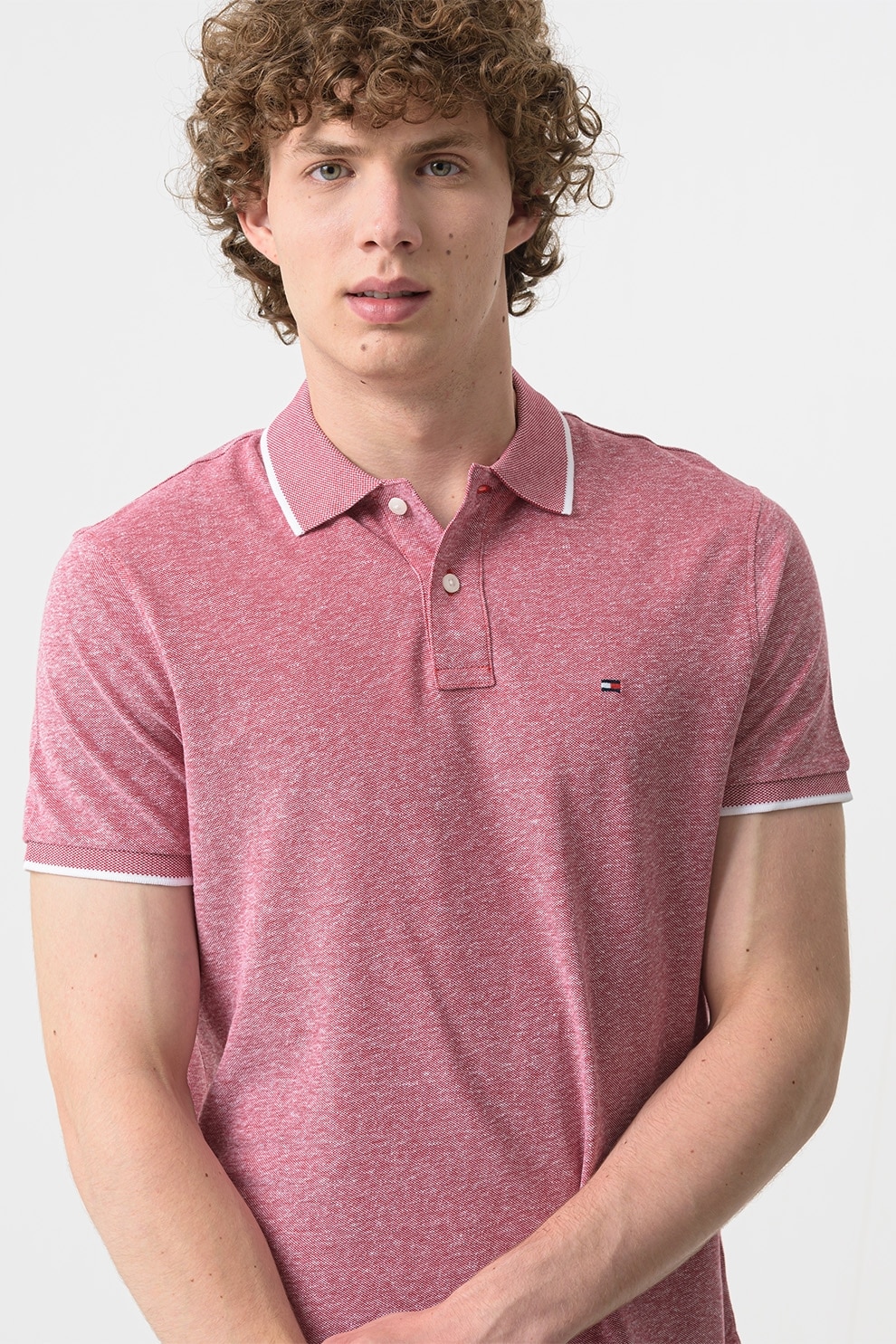 Tommy Hilfiger, Tricou polo din amestec de in, Rosu stins, M