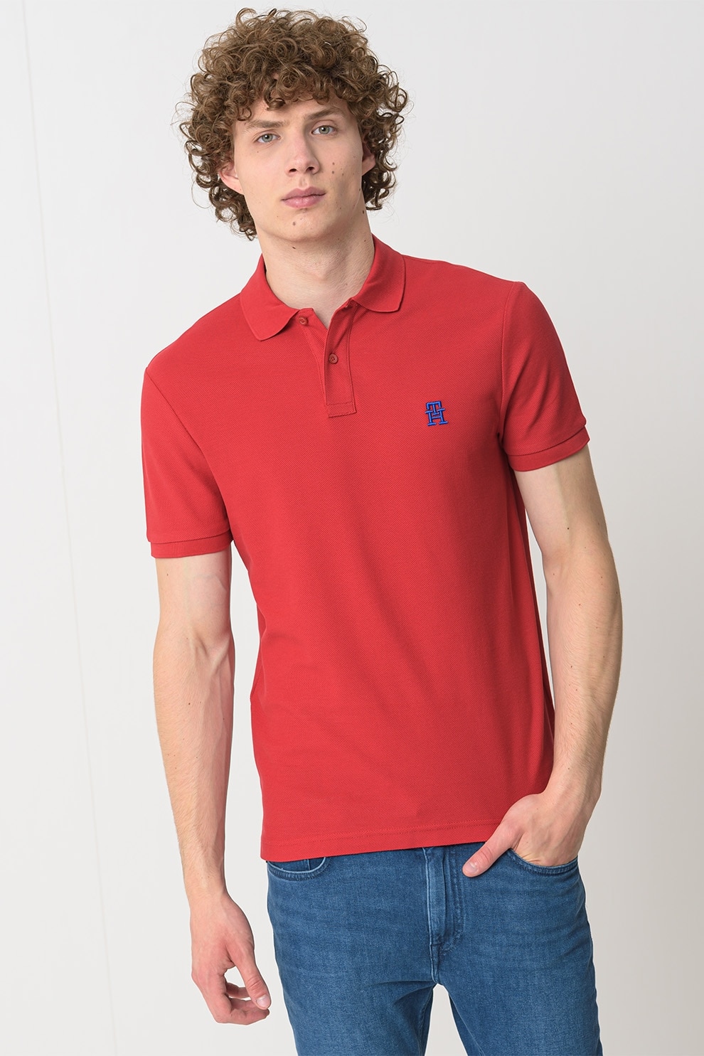 Tommy Hilfiger, Tricou polo din bumbac organic, Rosu, Albastru, L