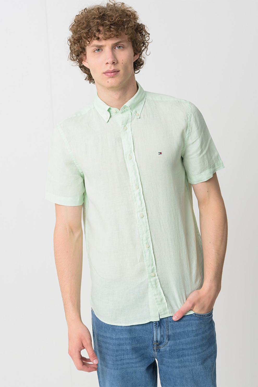 Tommy Hilfiger, Camasa regular fit de in, Verde pal, M