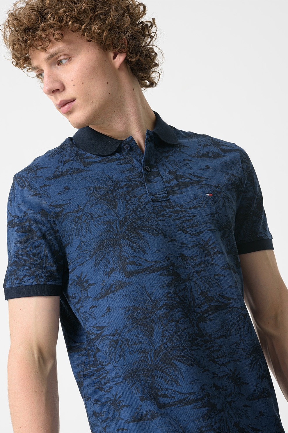 Tommy Hilfiger, Tricou polo din ameste de in si bumbac organic, Bleumarin, XL