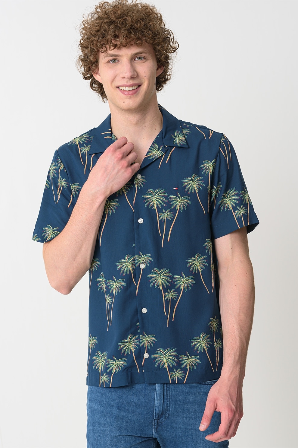 Tommy Hilfiger, Camasa de modal cu imprimeu tropical, Verde, Albastru inchis, XL