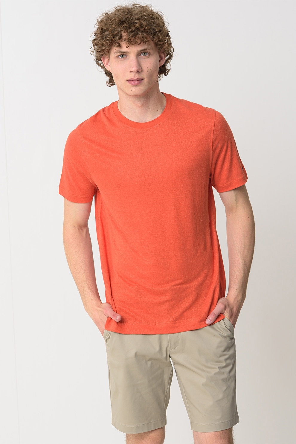 Tommy Hilfiger, Tricou uni din amestec de in, Portocaliu, 2XL