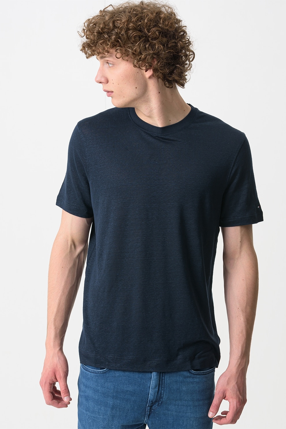 Tommy Hilfiger, Tricou uni din amestec de in, Bleumarin, 2XL