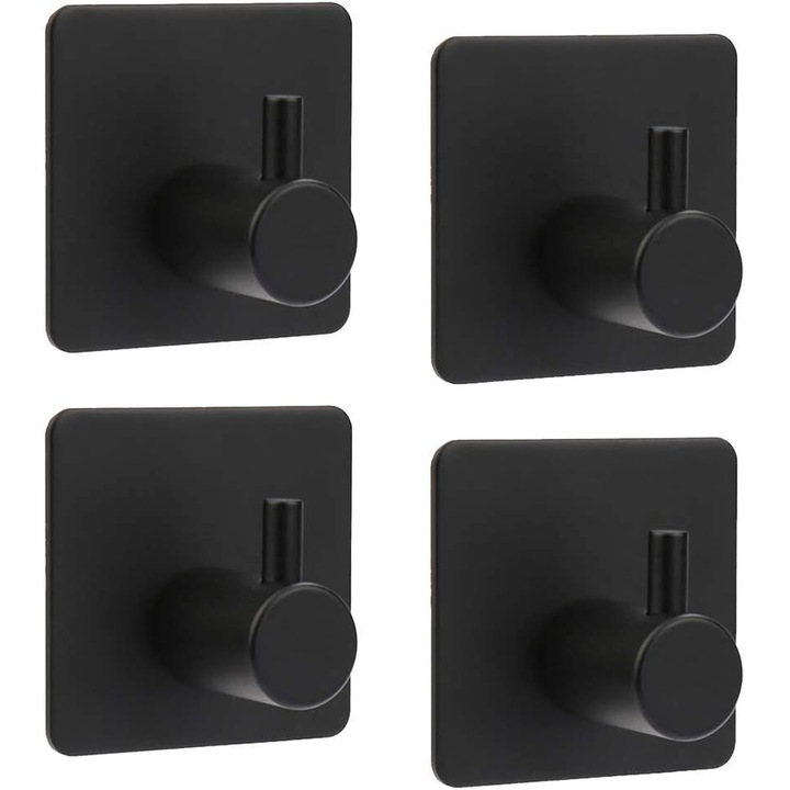 Set 4 carlige adezive din otel inoxidabil Conceptix negre – Autoadezive, fara gaurire, pentru prosoape, baie, usa, bucatarie, perete