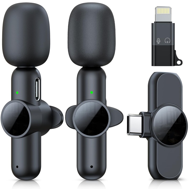 Комплект от 2 професионални микрофона Lavalier, безжични, USB Type-C и Lightning, шумопотискане, plug and play, OUYLAF, черни