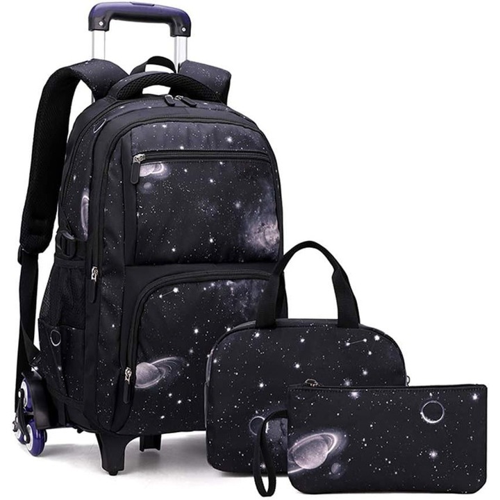 3 részes iskolatáska szett, Excitat®, ceruzatokkával, bevásárlótáska, 6 kerék, vízálló Oxford hátizsák típusú, nagy kapacitású, kopásálló, ergonomikus, zsebek laptopnak, telefonnak, víznek, középiskolásoknak vagy felnőtteknek, fekete