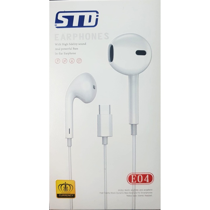 Casti cu Fir, In-Ear STD, Type C, Sunet Hi-Fi, Alb