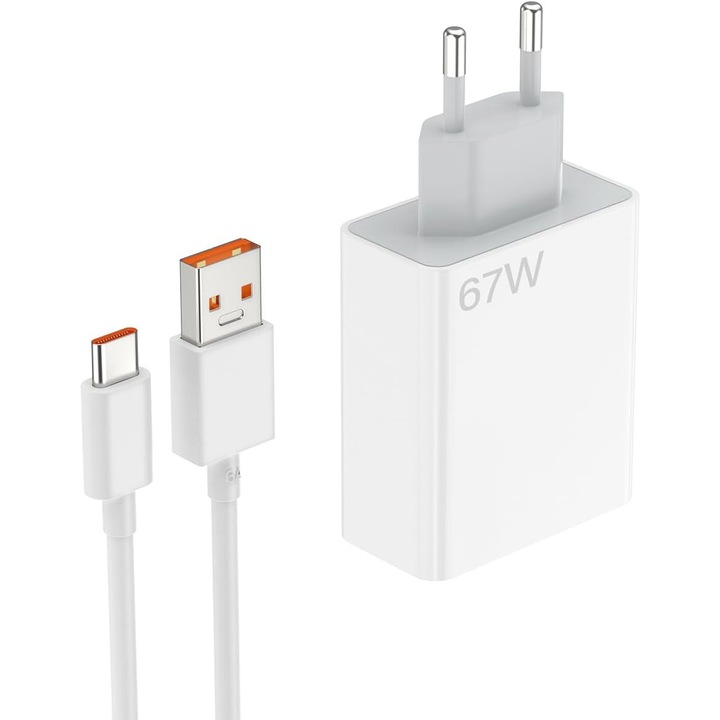 Зарядно за телефони Xiaomi, 67W, бързо, адаптер за пътуване в ЕС, 1 м Type-C кабел, бяло