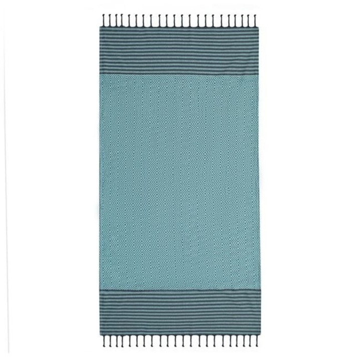Хамам кърпа с геометрични шарки и ресни, Welora, Памук, 180x100cm, Mентово зелено със сиво