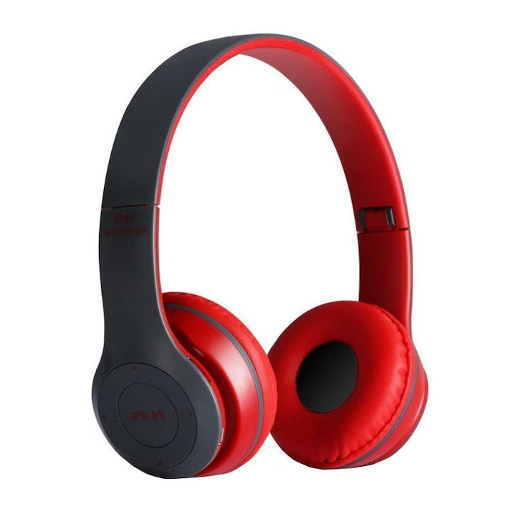 P47 Безжични слушалки Bluetooth 5.0, Стерео слушалки, FM радио, Micro SD порт, 6 часа живот на батерията, Съвместими с всеки телефон, Черни/Червени