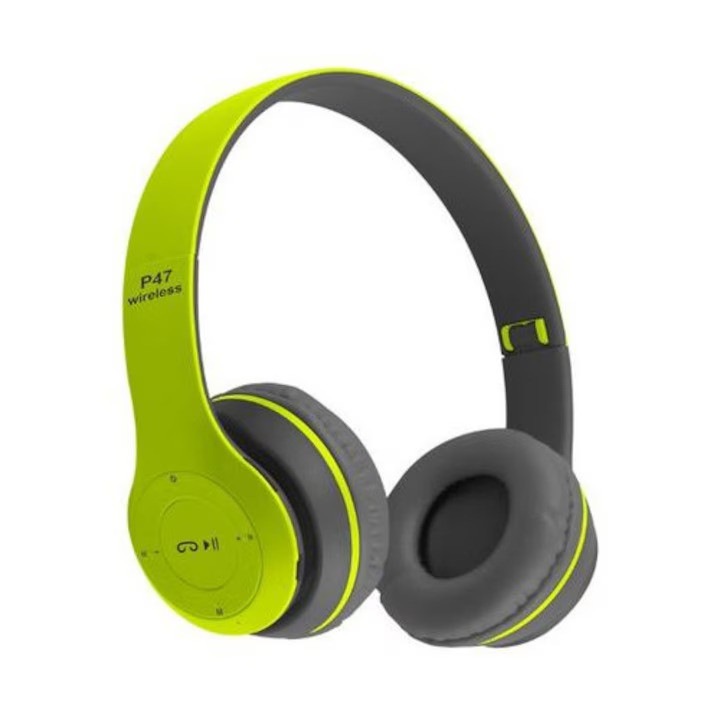 P47 Безжични слушалки Bluetooth 5.0, Стерео слушалки, FM радио, Micro SD порт, 6 часа живот на батерията, Съвместими с всеки телефон, Черни/Зелени