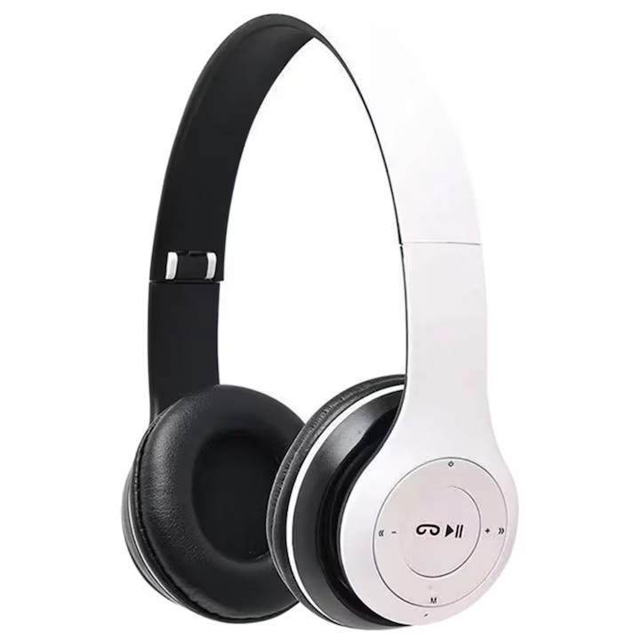 P47 Безжични слушалки Bluetooth 5.0, Стерео слушалки, FM радио, Micro SD порт, 6 часа живот на батерията, Съвместими с всеки телефон, Черна/Бяла