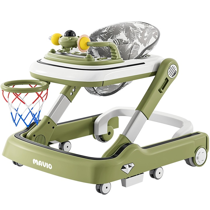 Premergator Copii 2 in 1 Mavio®, Model MyRide, Rotobil pentru Bebelusi, Mod Antemergator, Varsta Recomandata 3-36 Luni, Pliabil, Inaltime Ajustabila, Jucarii Interactive, Anti Cadere, Roti 360 Grade, Masuta Mancare Bebe, Tavita Sunete, Cos Baschet, Verde