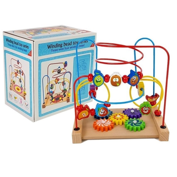 Labirint motricitate, joc educativ multifunctional din lemn, cu roti zimtate Bile si Fructe 3D