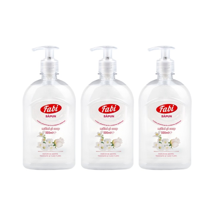 Pachet 3 x Sapun lichid, Fabi, 500 ml, cu pompita, alb, curatare delicata, parfum iasomie, trandafir si ylang ylang
