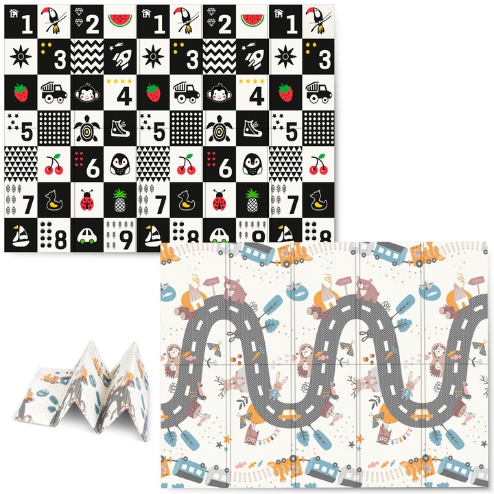 Covoras de joaca pentru copii cu doua fete Nukido Grey 200x150x1cm, pliabil, realizat din spuma XPE inodora, in cutie de carton ce se poate colora