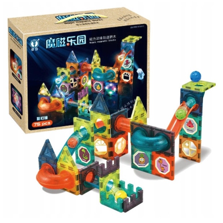 Комплект, Магнитни блокчета, 75 части, за деца от 3 години, светлинна функция, Многоцветни, Комплектът съдържа: различни видове блокчета, плоски блокчета, инструкции, стикери, Материал: пластмаса, развива креативността, развива ръчните умения, дис