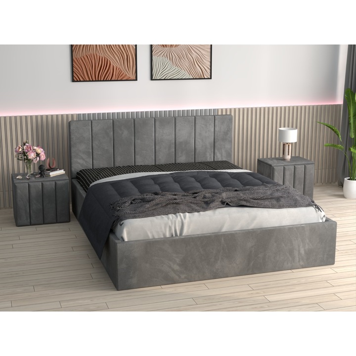 Pat Tapitat Sorin 180x200, Noptiere Tapitate Gri + Saltea 180x200, 20cm